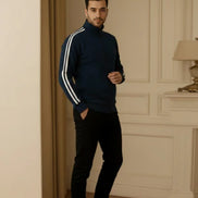 Men's Zipper High Collar Stripes Jacket - Navy Blue