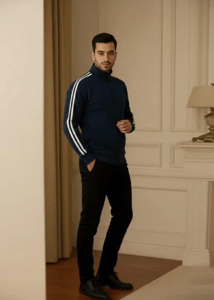 Men's Zipper High Collar Stripes Jacket - Navy Blue