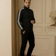 Men's Zipper High Collar Stripes Jacket - Navy Blue