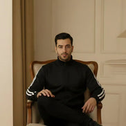 Men's Zipper High Collar Stripes Jacket - Black