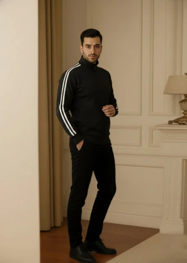 Men's Zipper High Collar Stripes Jacket - Black