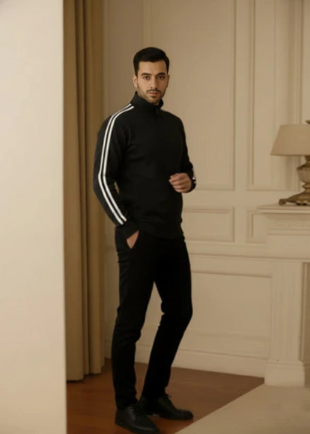 Men's Zipper High Collar Stripes Jacket - Black