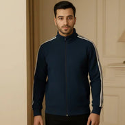 Men's Zipper High Collar Stripes Jacket - Navy Blue