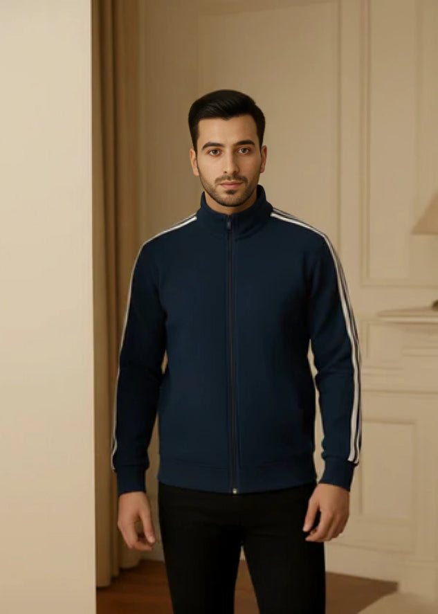 Men's Zipper High Collar Stripes Jacket - Navy Blue