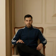 Men's Zipper High Collar Stripes Jacket - Navy Blue