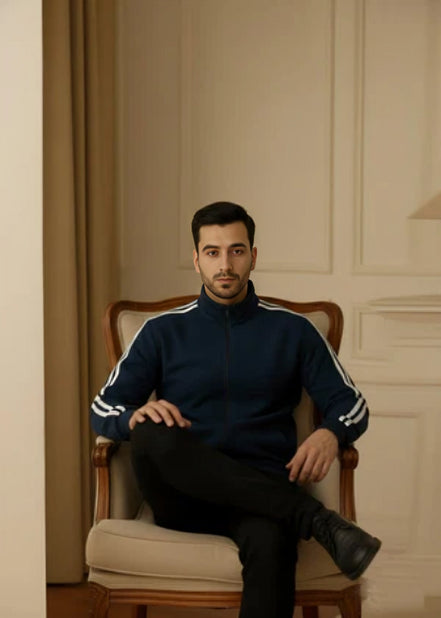 Men's Zipper High Collar Stripes Jacket - Navy Blue