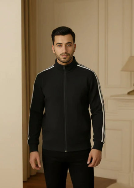 Men's Zipper High Collar Stripes Jacket - Navy Blue