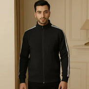 Men's Zipper High Collar Stripes Jacket - Black